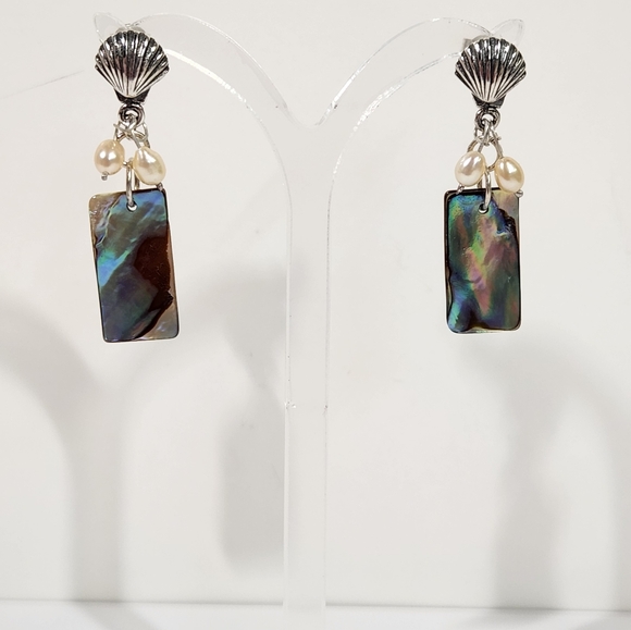 Genuine Sterling Silver Dangle Earrings With Abalone Shells & Freshwater Pearls - Picture 3 of 12